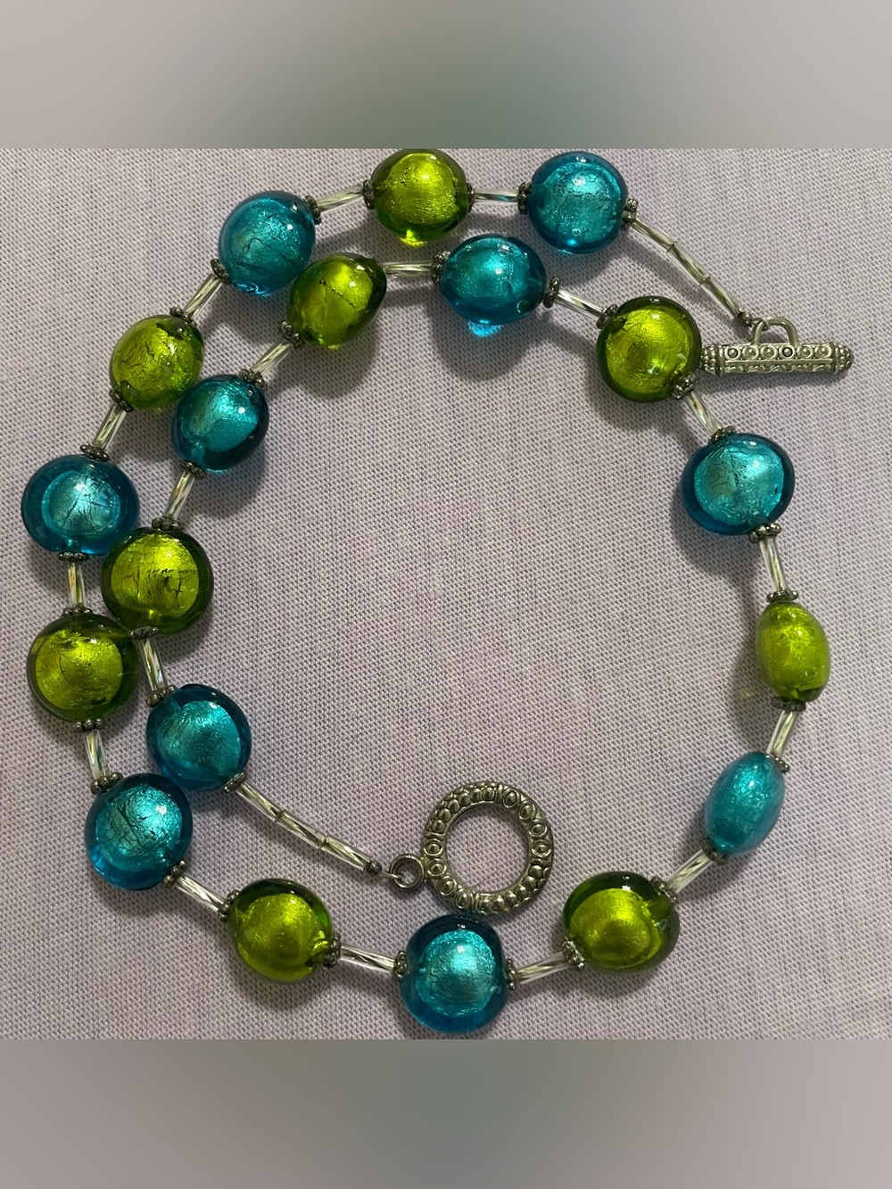 Handmade Teal Blue & Olive Green Foiled Murano-Style Art Glass Station Necklace